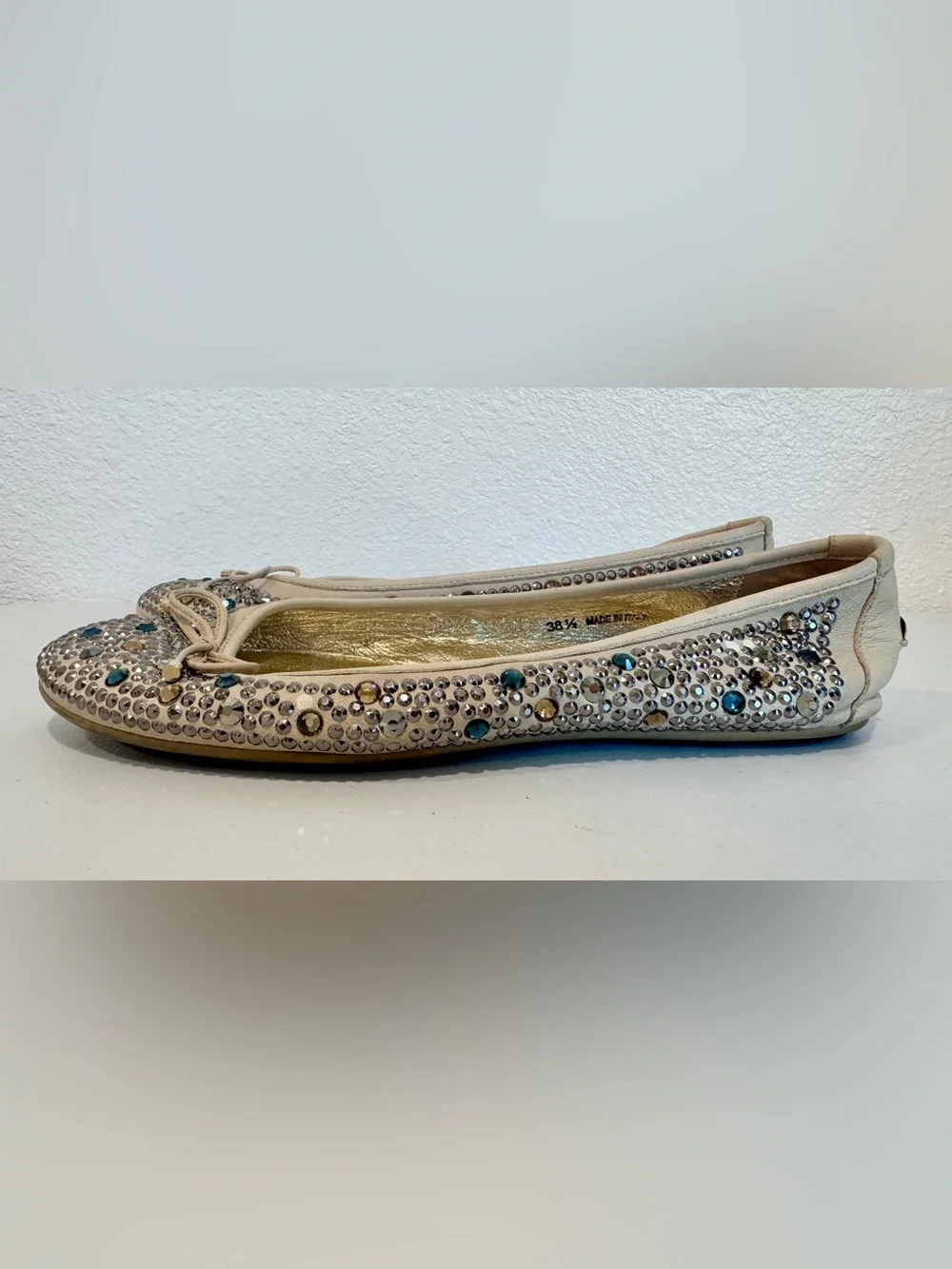 Jimmy Choo Wray Crystal Studded Leather Ballet Flats Bow Cream Gold EU 37 US 7
